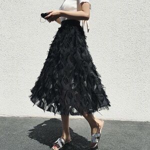 Ruby Stitch Feather Tassels Black Midi Skirt